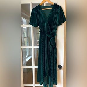 CUPSHE Women’s Midi Dress Emerald V Neck Belted Short Sleeve Ribbed Knit